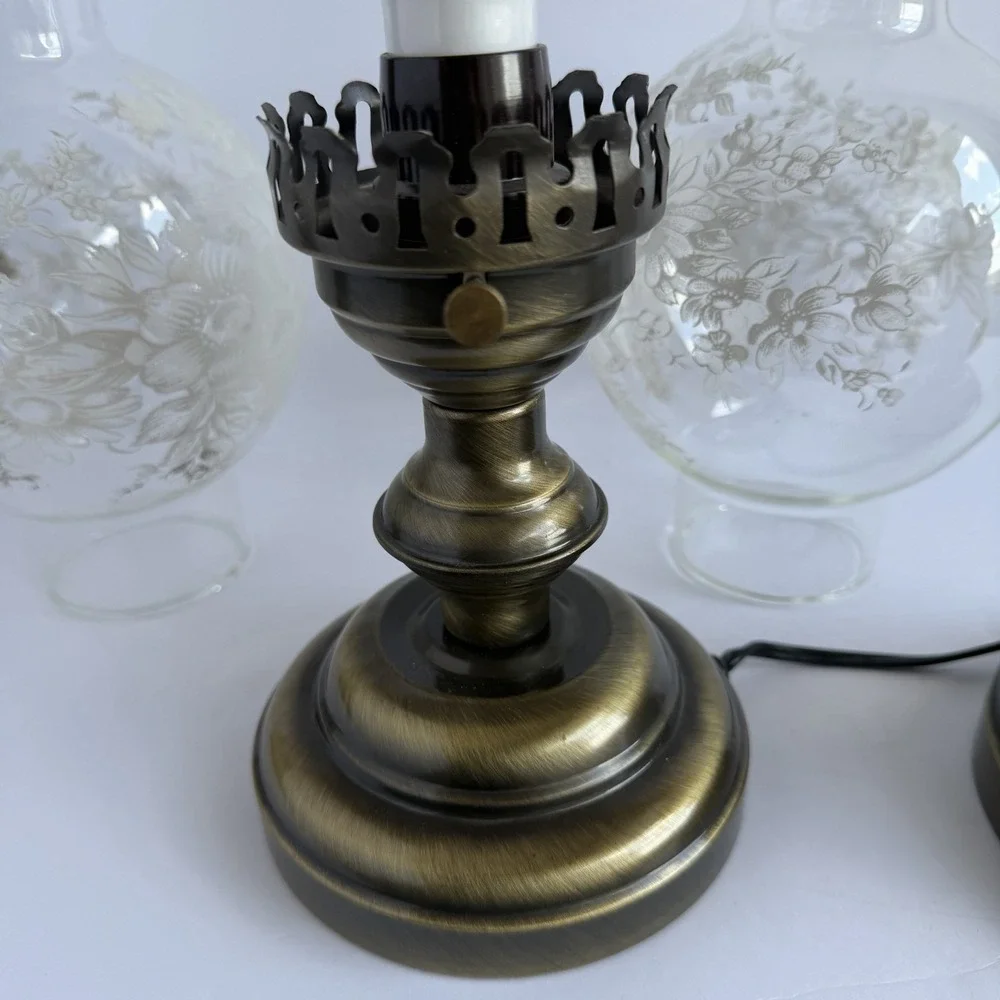 Victorian VTG Glass Hurricane Lamps (2) Floral Globe Cottagecore Praire